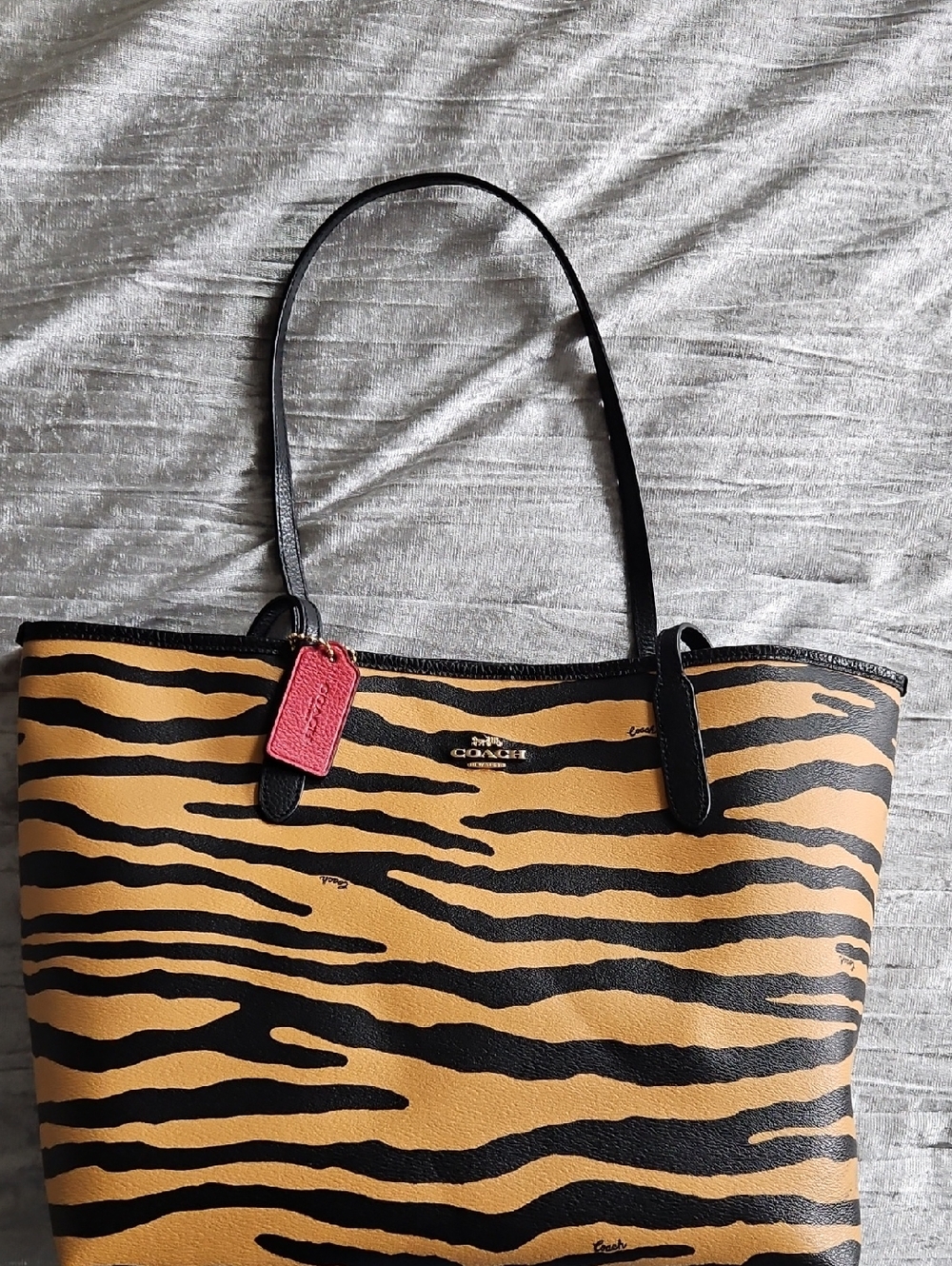 Coach Tiger-Print Tote in Tan, Black with Red Tag